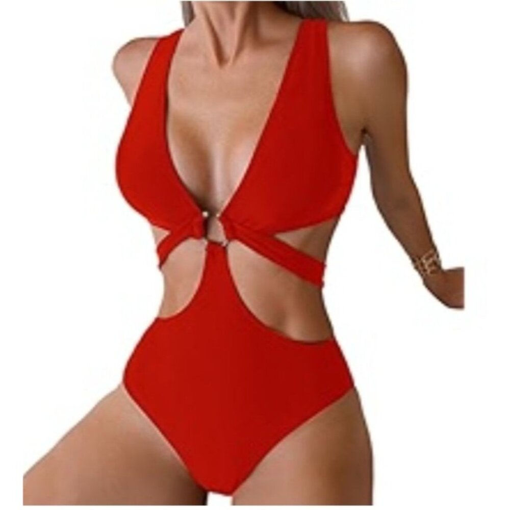 Favnac Womens Small Sexy Red Deep V Neck One Piece Swimsuit O-Ring Cut Out